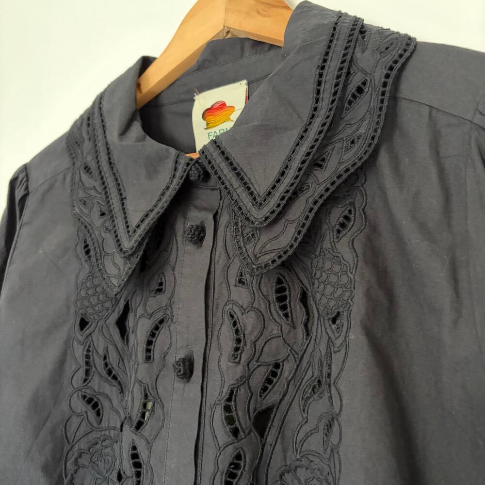 *NWT FARM Rio Embroidered Eyelet Puff Sleeve Button-Up Shirt Black Size L Cotton - Picture 4 of 12